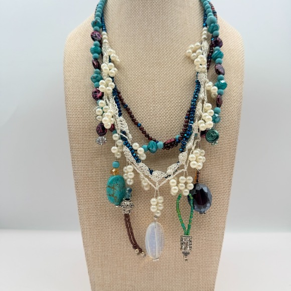 The Unbranded Brand Jewelry - Vintage Y2K Multi Strand Beaded Turquoise Pearl Necklace Boho Statement Jewelry